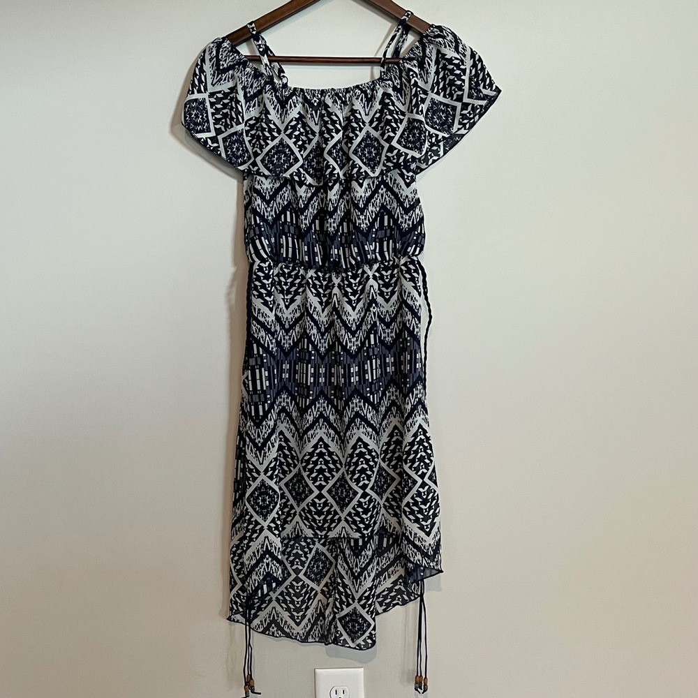 R Wish Women's Navy White Tribal Geometric High Low Cold Shoulder Dress Small